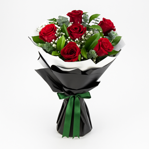  Timeless Heart – 7 Red Roses in Black Wrap