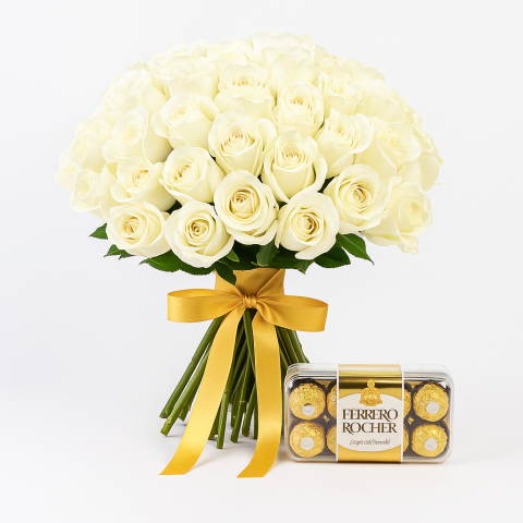 Ivory Bliss – 40 White Roses with Ferrero Rocher