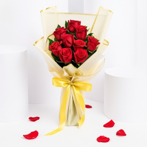 Golden Romance – 9 Red Roses in Yellow Wrap