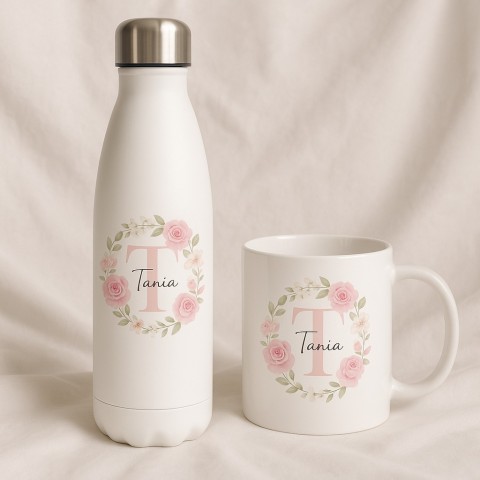 Personalized Floral Initial Bottle and Mug Set