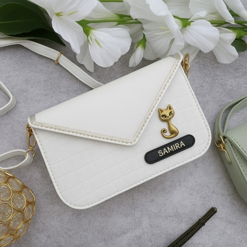 Personalized White Crossbody Bag with Cat Charm