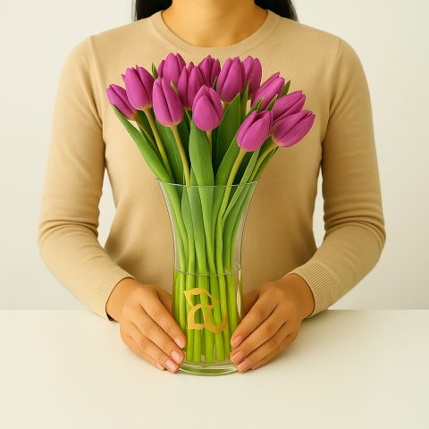Royal Charm – 20 Purple Tulips in a Miraaya Signature Glass Vase