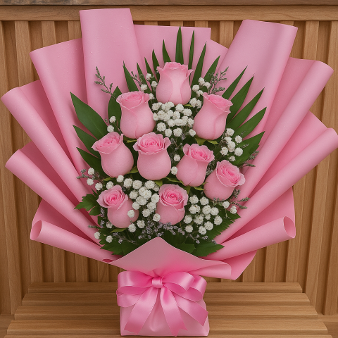 Blush Radiance – Pink Rose Hand-Tied Bouquet