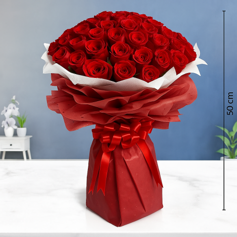 Crimson Symphony – 50 Red Roses in Luxe Scarlet Wrap 