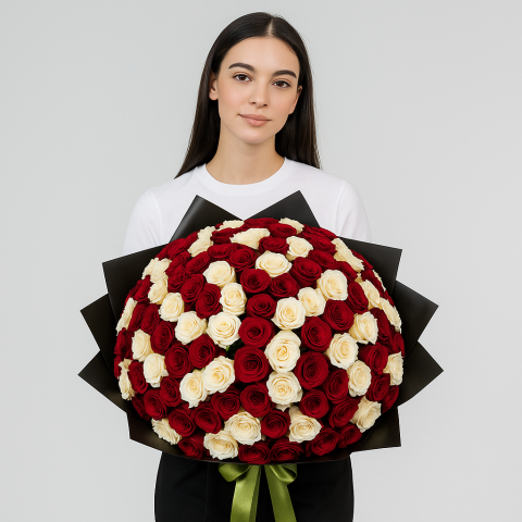 Regal Romance – 100 Red & White Roses Bouquet