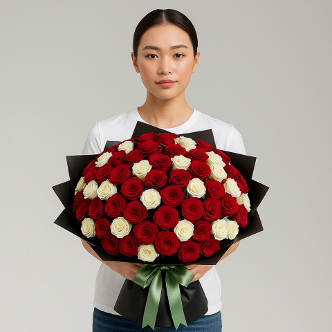 Eternal Bond – 75 Red & White Roses Bouquet